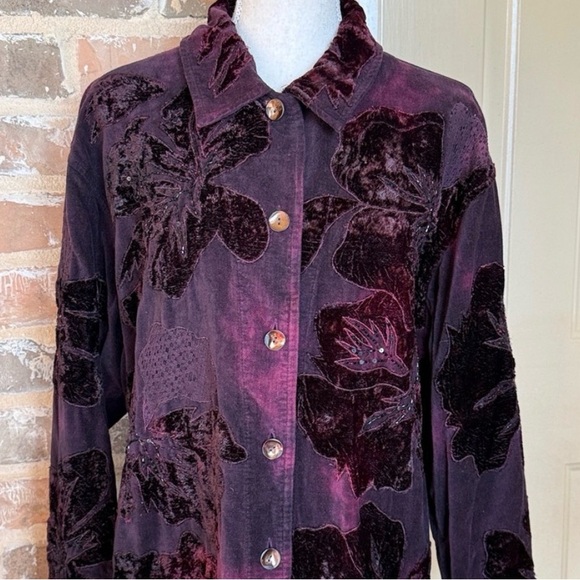 Chicos Burgundy Floral Appliqués Velvet Button-Up Jacket Sz 3/XL - Picture 8 of 8